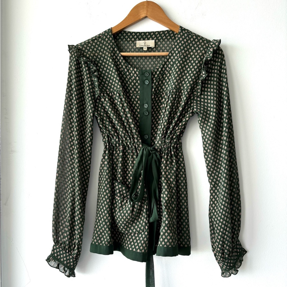 VTG Womens Blouse Green Four Leaf Clover Tie Waist Button 12 Cottagecore Peasant